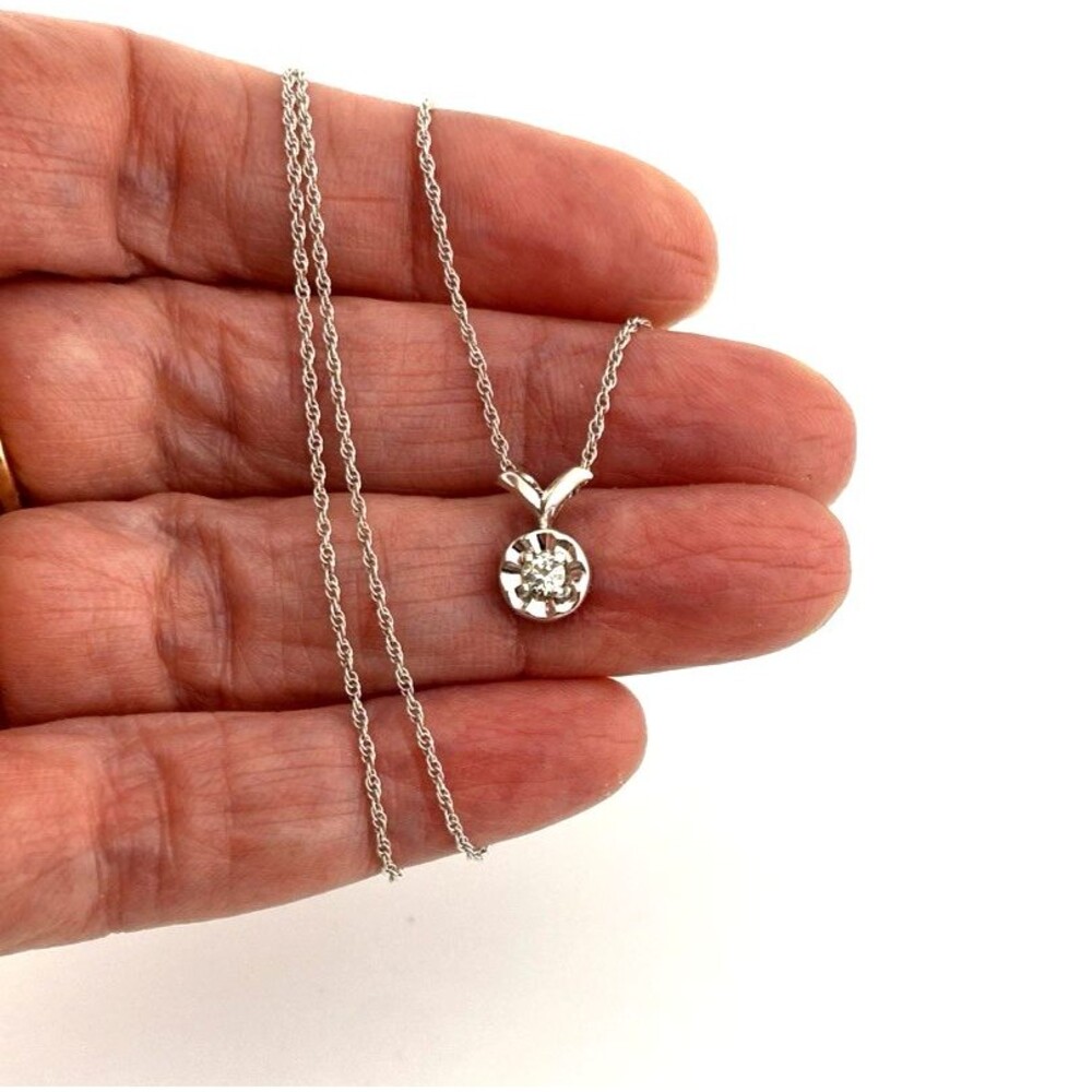 Vintage 14k White Gold .10ct Diamond Illusion Pendant Necklace 20.5" Rope Chain